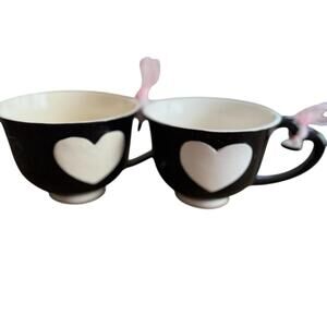 Two PAT Black Ceramic Coffee Mugs Hesrt Design “Be Mine” On Ribbon